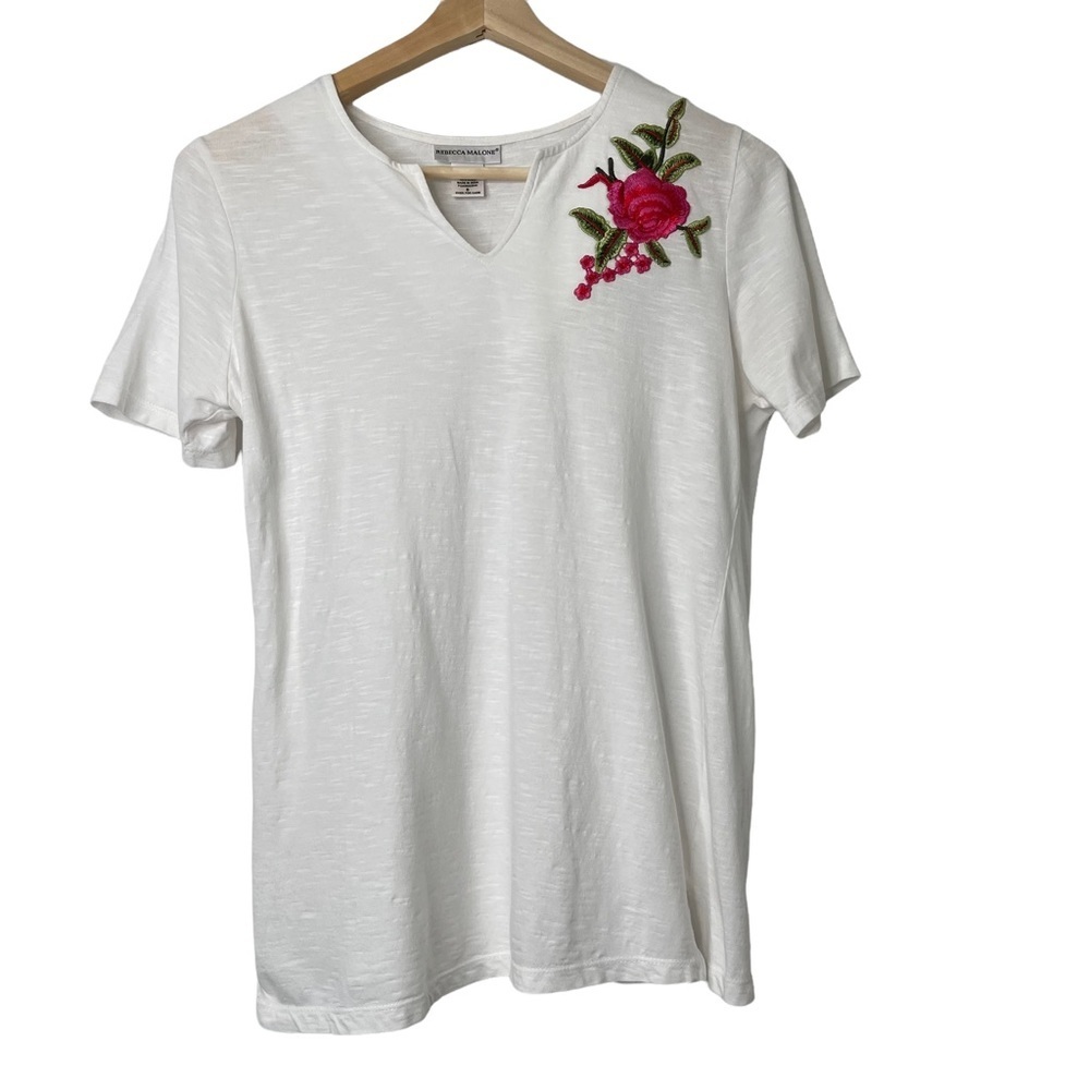 Rebecca Malone Floral Embroidered Short sleeve Cotton Blend White Tee Top Sz S